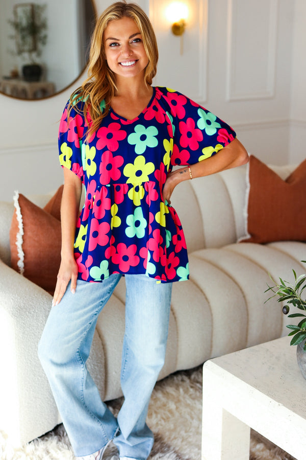 Sunny Days Navy Flat Floral Bubble Sleeve Babydoll Top - Coeur de la Mode