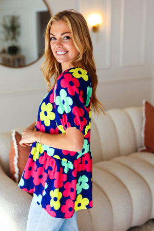 Sunny Days Navy Flat Floral Bubble Sleeve Babydoll Top - Coeur de la Mode