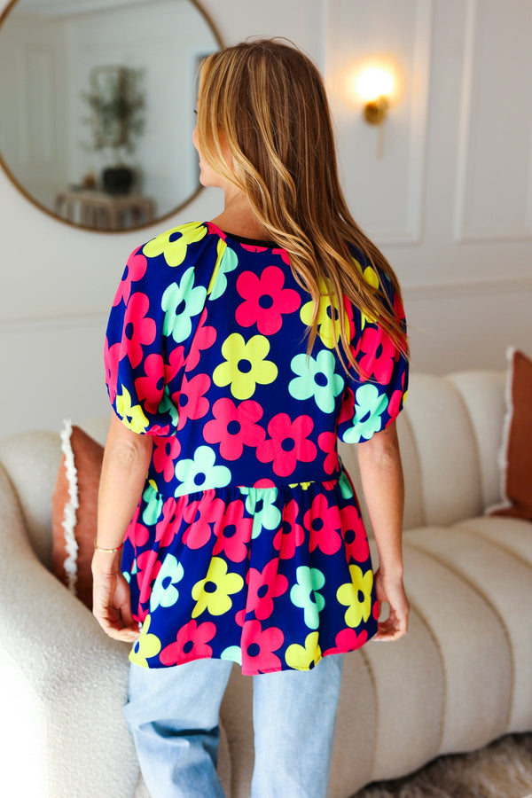 Sunny Days Navy Flat Floral Bubble Sleeve Babydoll Top - Coeur de la Mode