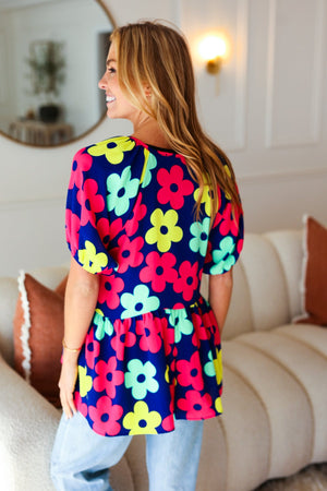 Sunny Days Navy Flat Floral Bubble Sleeve Babydoll Top - Coeur de la Mode