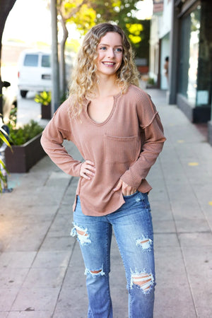 Eyes On You Camel Mineral Wash Rib Notch Neck Pocketed Top - Coeur de la Mode