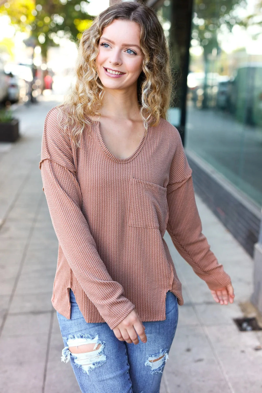 Eyes On You Camel Mineral Wash Rib Notch Neck Pocketed Top - Coeur de la Mode