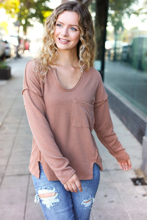 Eyes On You Camel Mineral Wash Rib Notch Neck Pocketed Top - Coeur de la Mode