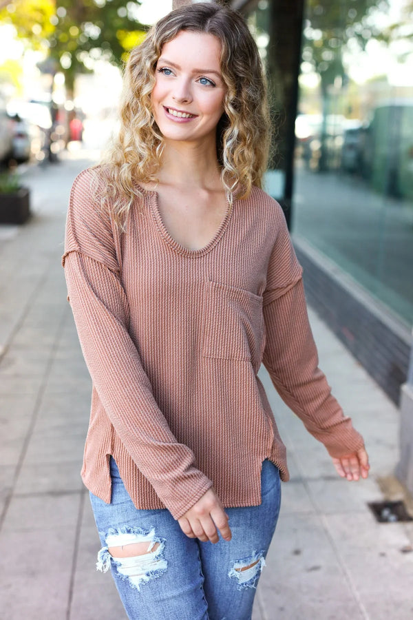 Eyes On You Camel Mineral Wash Rib Notch Neck Pocketed Top - Coeur de la Mode