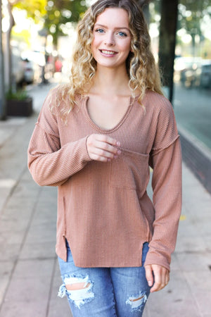Eyes On You Camel Mineral Wash Rib Notch Neck Pocketed Top - Coeur de la Mode