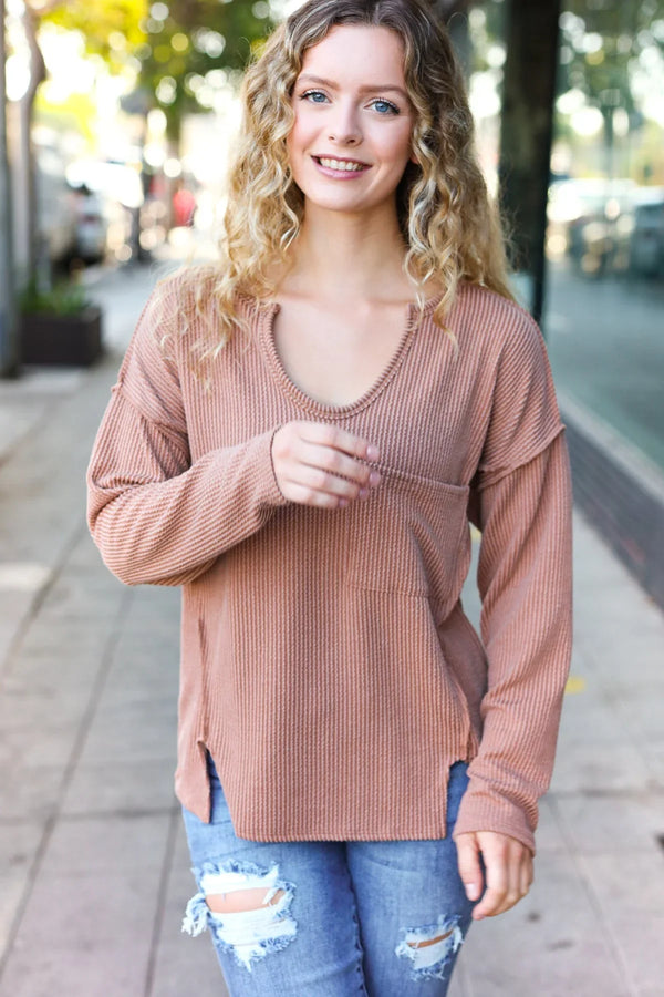 Eyes On You Camel Mineral Wash Rib Notch Neck Pocketed Top - Coeur de la Mode