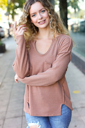 Eyes On You Camel Mineral Wash Rib Notch Neck Pocketed Top - Coeur de la Mode