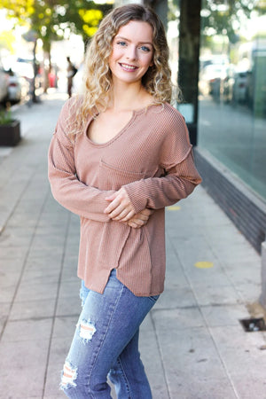 Eyes On You Camel Mineral Wash Rib Notch Neck Pocketed Top - Coeur de la Mode