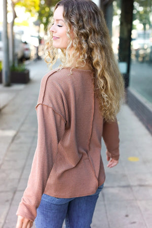 Eyes On You Camel Mineral Wash Rib Notch Neck Pocketed Top - Coeur de la Mode