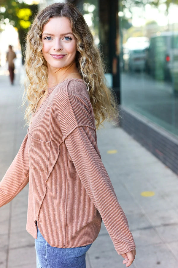 Eyes On You Camel Mineral Wash Rib Notch Neck Pocketed Top - Coeur de la Mode