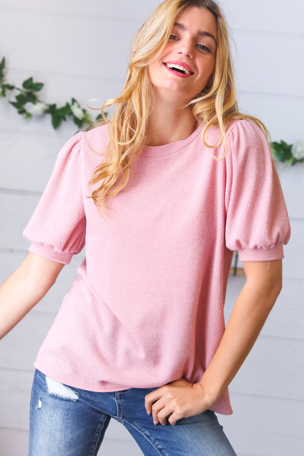 Baby Pink Puff Sleeve Two Tone Sweater Top