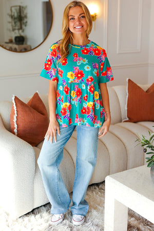Take Me Away Teal Floral Drop Shoulder Babydoll Top - Coeur de la Mode