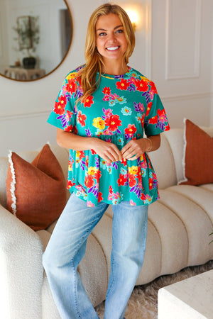 Take Me Away Teal Floral Drop Shoulder Babydoll Top - Coeur de la Mode