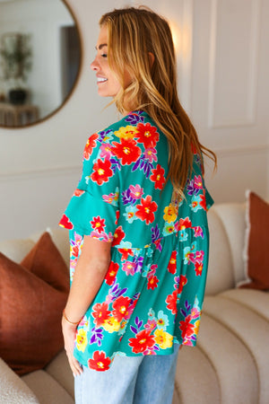 Take Me Away Teal Floral Drop Shoulder Babydoll Top - Coeur de la Mode