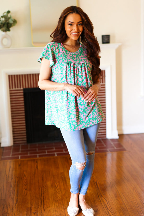 Dreamy Green & Pink Floral Yoke Ruffle Short Sleeve Top - Coeur de la Mode