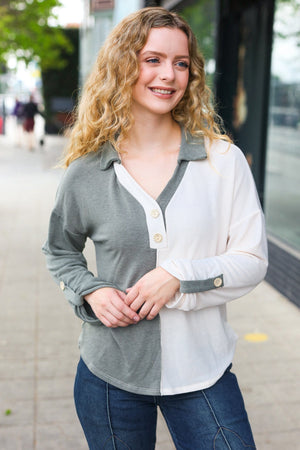 Start Your Day Olive Half & Half Collared Notched Neck Top - Coeur de la Mode
