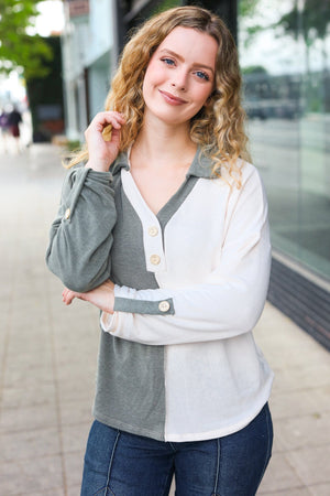 Start Your Day Olive Half & Half Collared Notched Neck Top - Coeur de la Mode