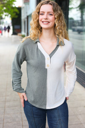 Start Your Day Olive Half & Half Collared Notched Neck Top - Coeur de la Mode