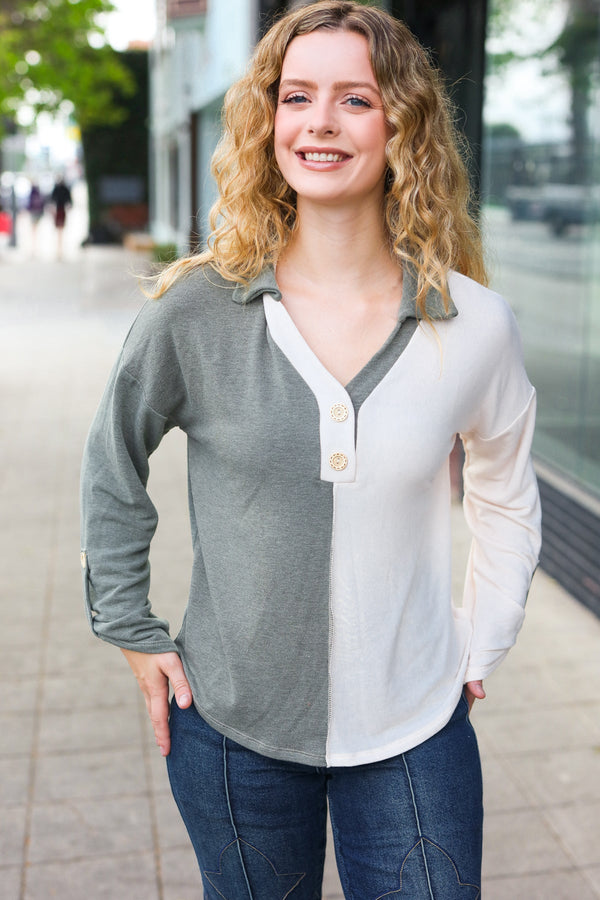 Start Your Day Olive Half & Half Collared Notched Neck Top - Coeur de la Mode