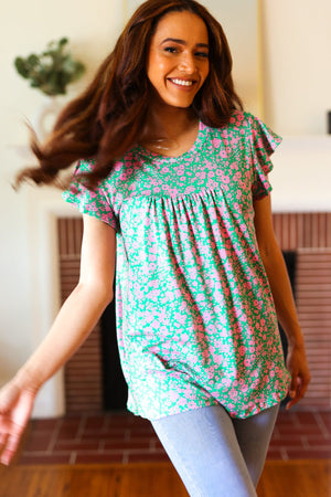 Dreamy Green & Pink Floral Yoke Ruffle Short Sleeve Top - Coeur de la Mode