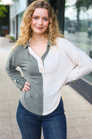Start Your Day Olive Half & Half Collared Notched Neck Top - Coeur de la Mode
