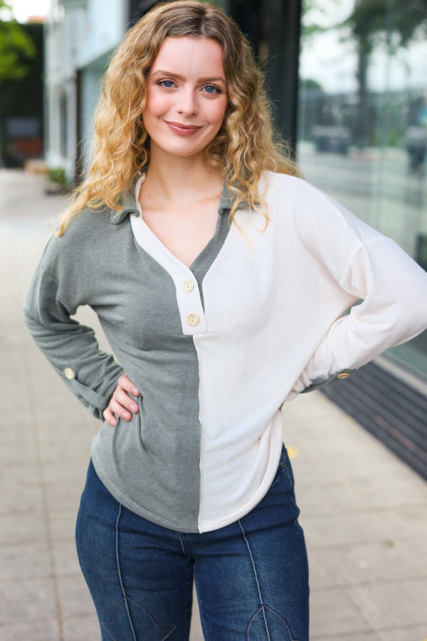 Start Your Day Olive Half & Half Collared Notched Neck Top - Coeur de la Mode