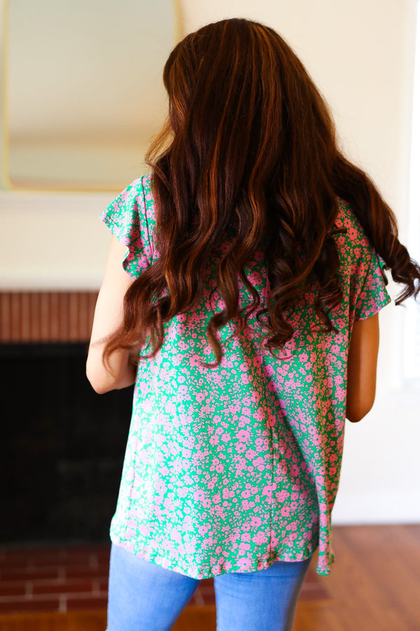 Dreamy Green & Pink Floral Yoke Ruffle Short Sleeve Top - Coeur de la Mode