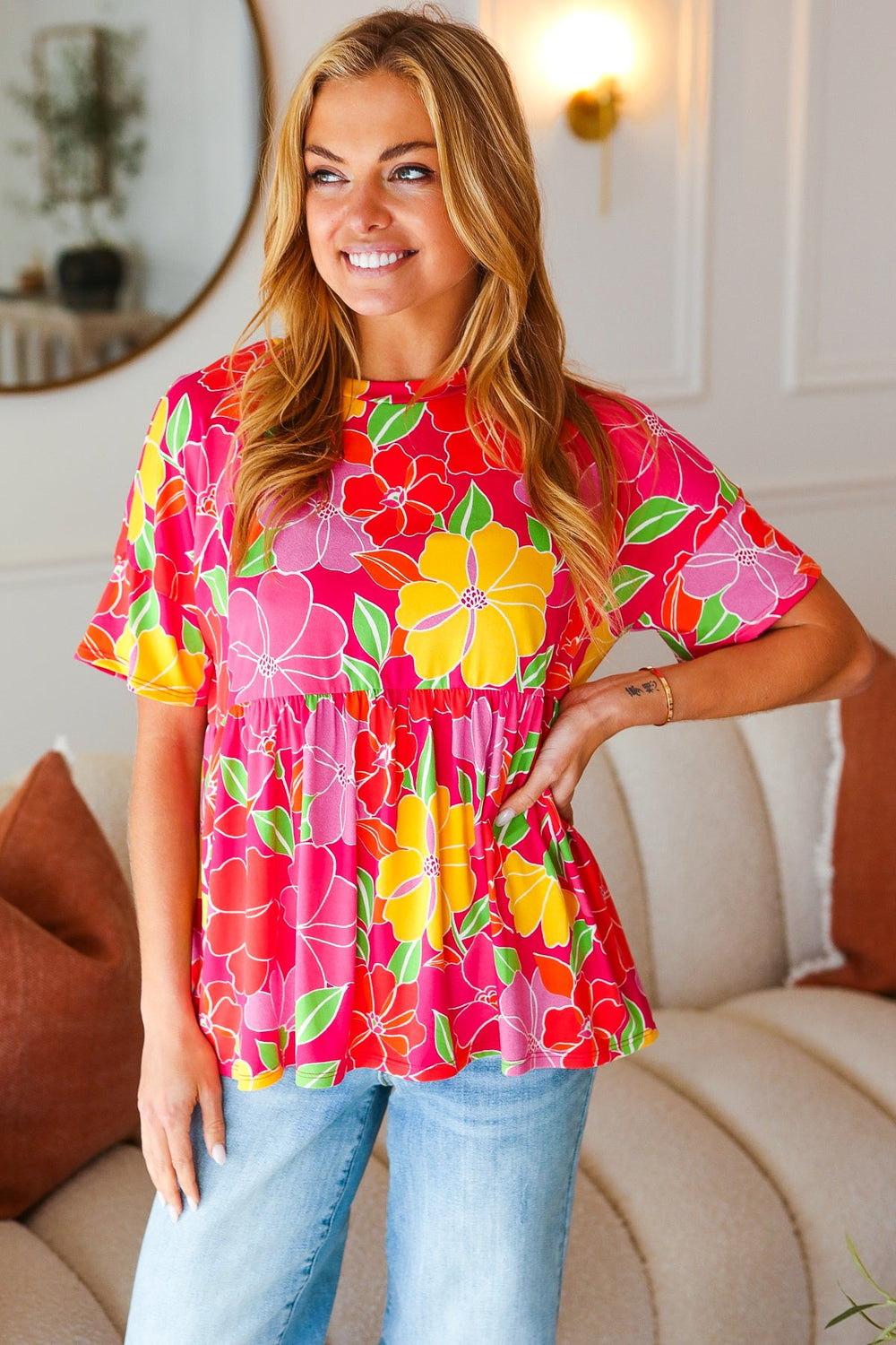 Time For Sun Fuchsia Floral Drop Shoulder Babydoll Top - Coeur de la Mode