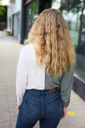 Start Your Day Olive Half & Half Collared Notched Neck Top - Coeur de la Mode