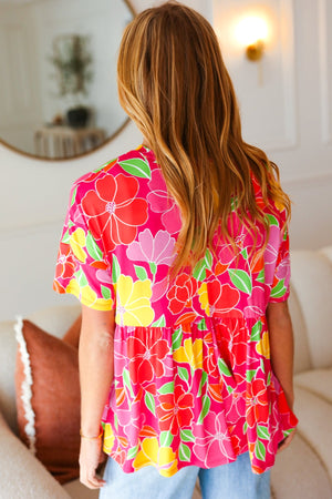 Time For Sun Fuchsia Floral Drop Shoulder Babydoll Top - Coeur de la Mode