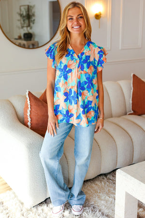 Tropical Breeze Turquoise Floral Banded V Neck Flutter Sleeve Top - Coeur de la Mode