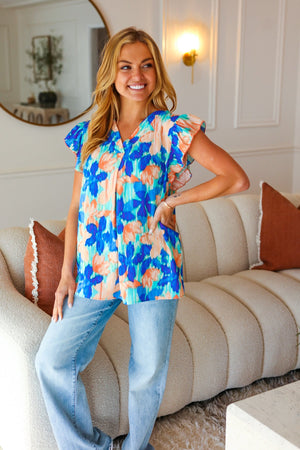 Tropical Breeze Turquoise Floral Banded V Neck Flutter Sleeve Top - Coeur de la Mode