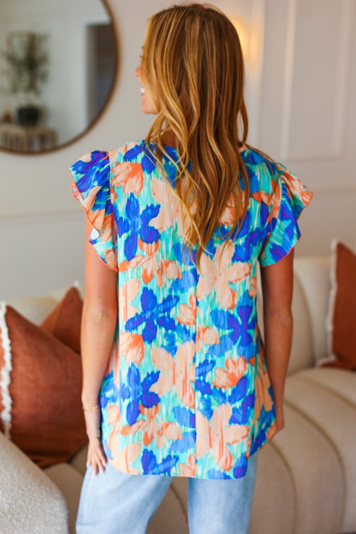 Tropical Breeze Turquoise Floral Banded V Neck Flutter Sleeve Top