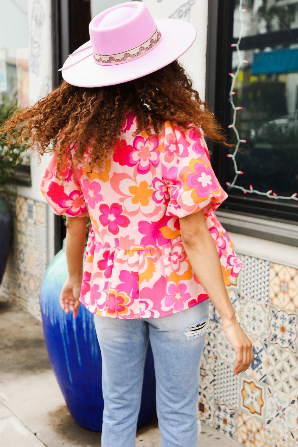 Find Love Pink/Yellow Floral Frill Balloon Short Sleeve Top