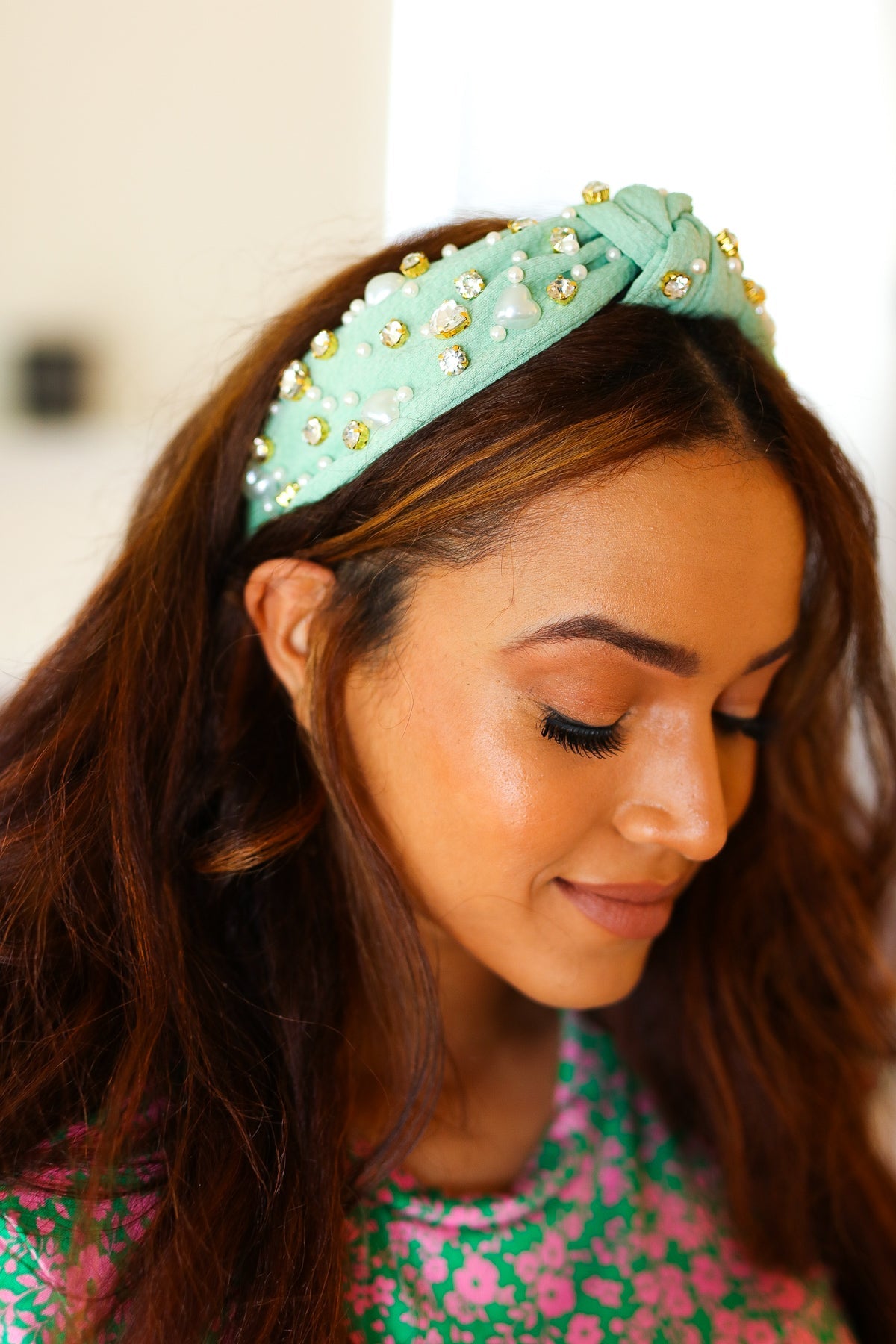 Mint Heart Pearl & Jewel Knot Knit Headband