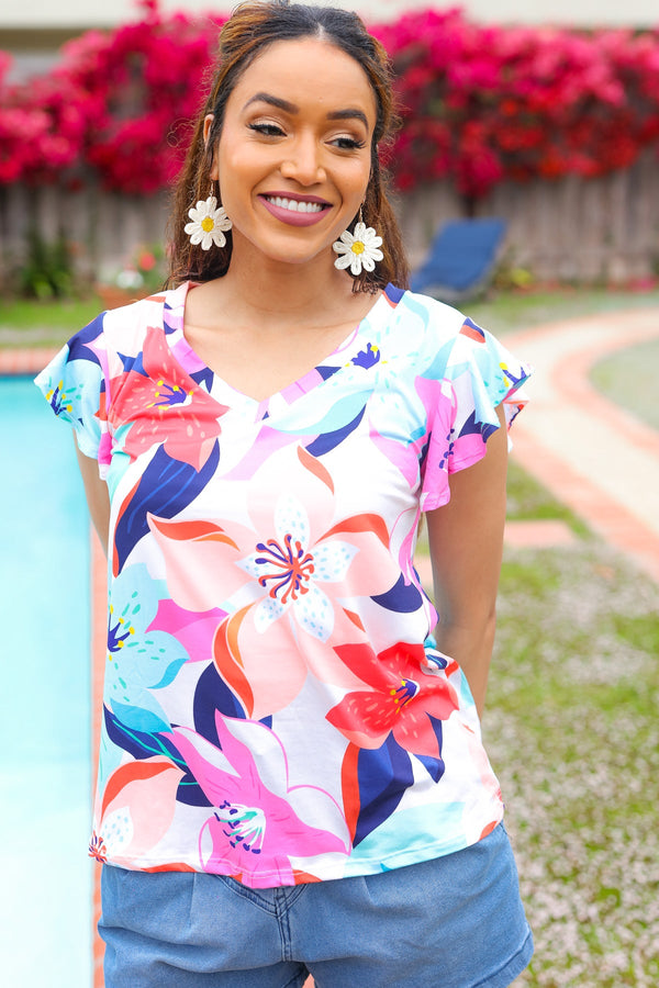 Summer Vibes Coral Tropical Print Flutter Sleeve Top - Coeur de la Mode