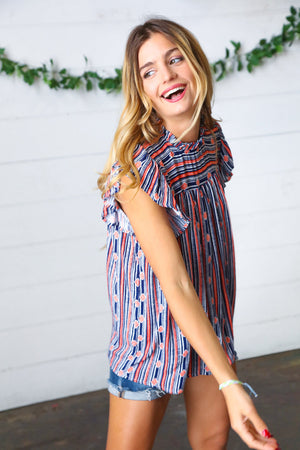 Navy & Orange Boho Stripe Flutter Sleeve Top - Coeur de la Mode