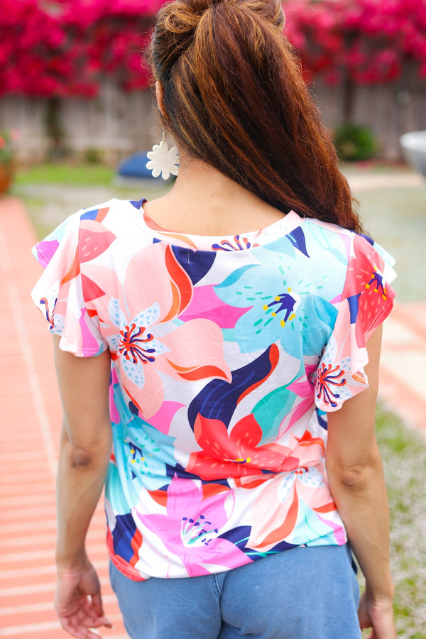 Summer Vibes Coral Tropical Print Flutter Sleeve Top - Coeur de la Mode