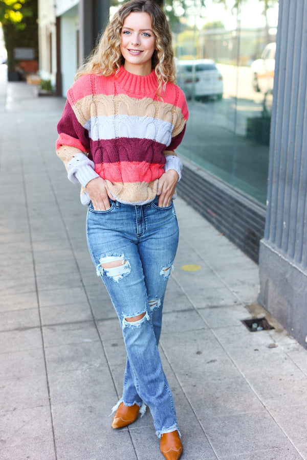 Fall For You Rust Multicolor Stripe Cable Knit Mock Neck Sweater - Coeur de la Mode