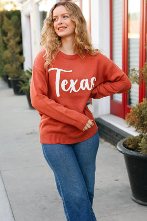 Game Day Burnt Orange "Texas" Embroidery Pop Up Sweater - Coeur de la Mode