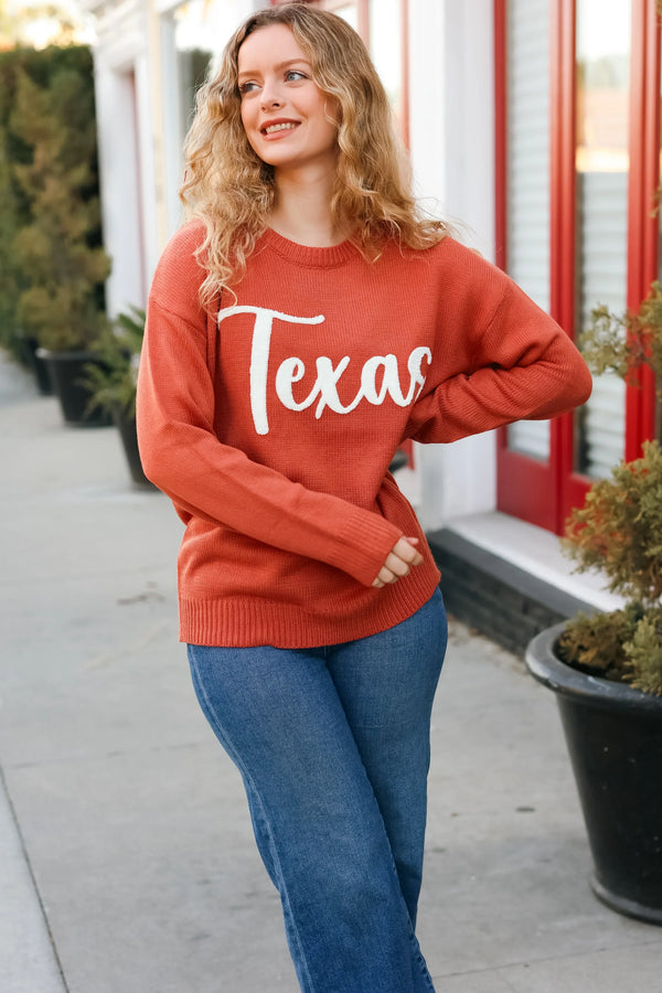 Game Day Burnt Orange "Texas" Embroidery Pop Up Sweater - Coeur de la Mode