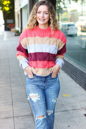 Fall For You Rust Multicolor Stripe Cable Knit Mock Neck Sweater - Coeur de la Mode
