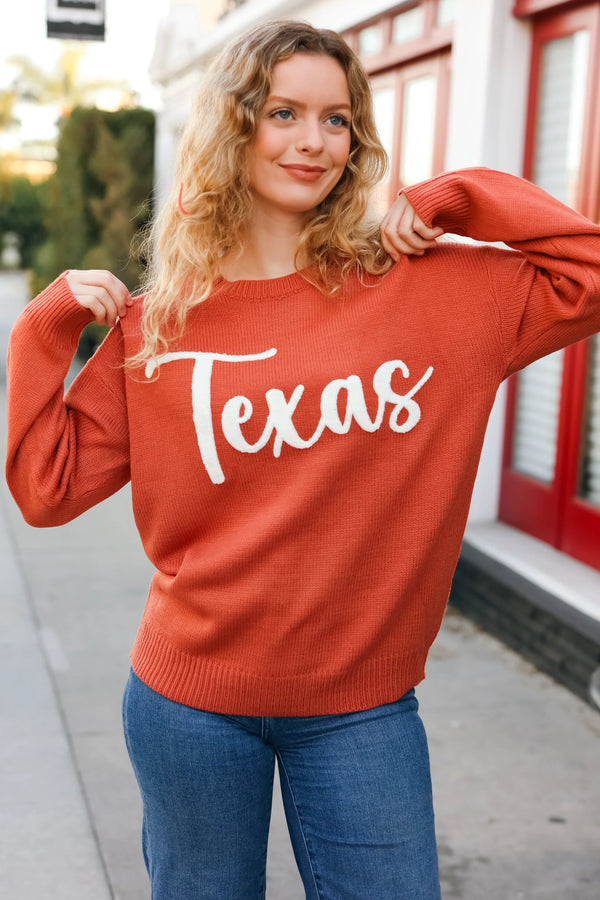 Game Day Burnt Orange "Texas" Embroidery Pop Up Sweater - Coeur de la Mode