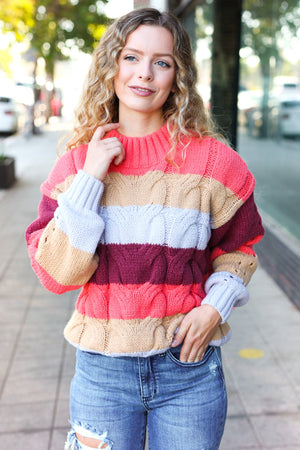 Fall For You Rust Multicolor Stripe Cable Knit Mock Neck Sweater - Coeur de la Mode