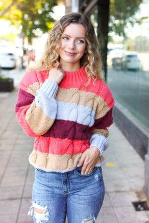 Fall For You Rust Multicolor Stripe Cable Knit Mock Neck Sweater - Coeur de la Mode