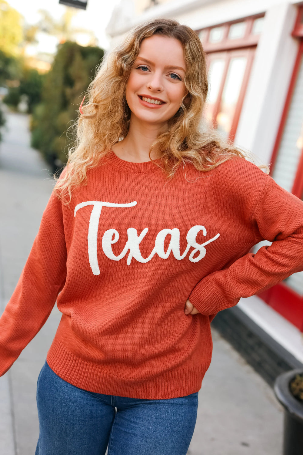 Game Day Burnt Orange "Texas" Embroidery Pop Up Sweater - Coeur de la Mode