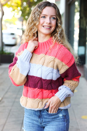 Fall For You Rust Multicolor Stripe Cable Knit Mock Neck Sweater - Coeur de la Mode