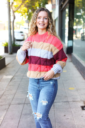 Fall For You Rust Multicolor Stripe Cable Knit Mock Neck Sweater - Coeur de la Mode
