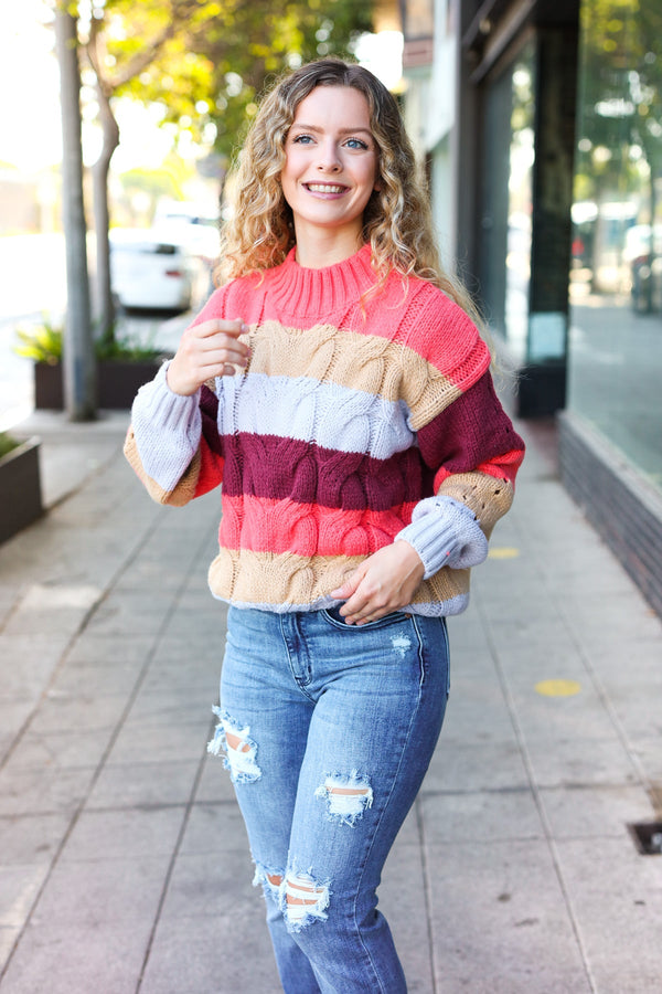 Fall For You Rust Multicolor Stripe Cable Knit Mock Neck Sweater - Coeur de la Mode