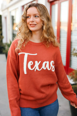Game Day Burnt Orange "Texas" Embroidery Pop Up Sweater - Coeur de la Mode